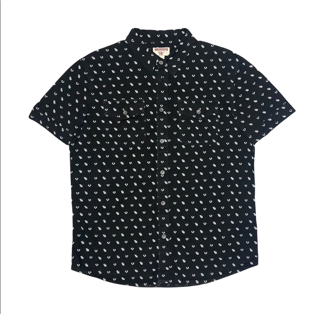 True Religion black short sleeve button down eye catching monograms